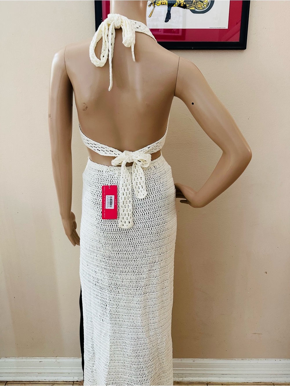 Beginning Boutique White Crochet Halter Maxi Dress with Ring Cutout - Picture 5 of 11